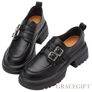【Grace Gift】復古圓頭雙釦帶厚底樂福鞋(牛紋黑)