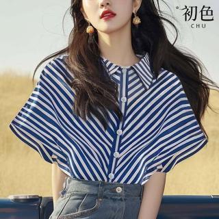 【初色】法式藍色條紋翻領排扣短袖蝙蝠袖寬鬆襯衫上衣女上衣-條紋-36769(M-3XL可選)