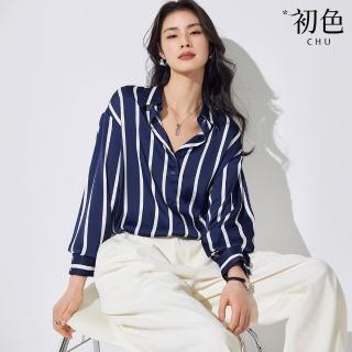 【初色】慵懶風寬鬆翻領條紋落間袖OL通勤長袖襯衫上衣女上衣-共2色-36748(M-2XL可選)