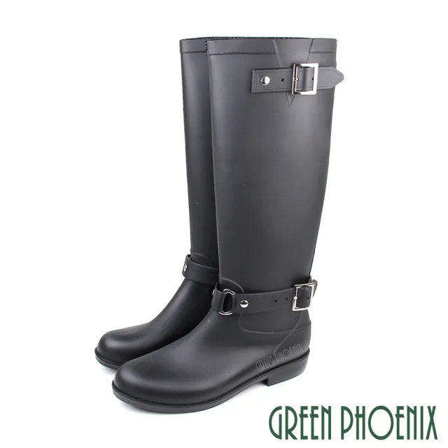【GREEN PHOENIX 波兒德】女鞋 雨鞋 雨靴 防水鞋 長靴 防水靴 長筒 皮帶釦(黑色)