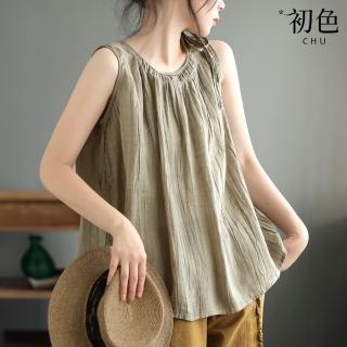 【初色】涼爽透氣棉麻風復古圓領寬鬆無袖上衣女上衣-共4色-67674(M-3XL可選)