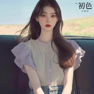 【初色】法式氣質撞色鈕扣圓領荷葉袖雪紡短袖T恤上衣女上衣-白紫色-36719(M-2XL可選)