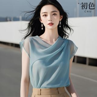 【初色】法式純色輕薄雪紡寬鬆圓領短袖T恤雪紡衫上衣女上衣-藍色-36718(M-2XL可選)