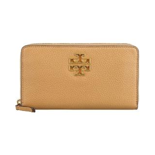 【TORY BURCH】TORY BURCH Britten懷舊簍空LOGO荔枝小牛皮8卡拉鏈長夾(淺提拉米蘇棕/附鍊帶卡夾)
