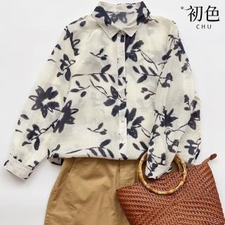 【初色】休閒風水墨印花單排釦POLO領長袖襯衫上衣女上衣-花色-36680(M-3XL可選)