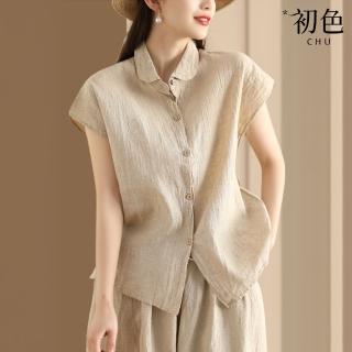 【初色】休閒風純色寬鬆單排釦短袖小飛袖襯衫上衣女上衣-麻色-36698(M-2XL可選)