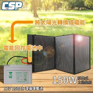 【CSP】單晶矽太陽能板150W 12V100Ah(攜帶式 轉換率高 戶外行動電源站 野餐 釣魚釣 備用電源 防水太陽能)
