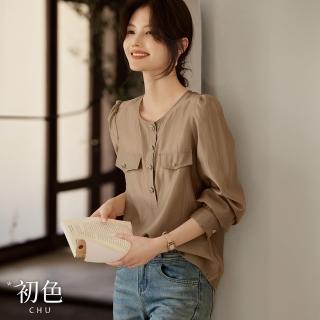 【初色】法式純色顯瘦圓領七分長袖單排扣襯衫T恤上衣女上衣-咖啡色-36661(M-2XL可選)