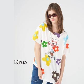 【Qiruo 奇若名品】春夏專櫃白底大花上衣2417A 圓領長版設計(M-L)