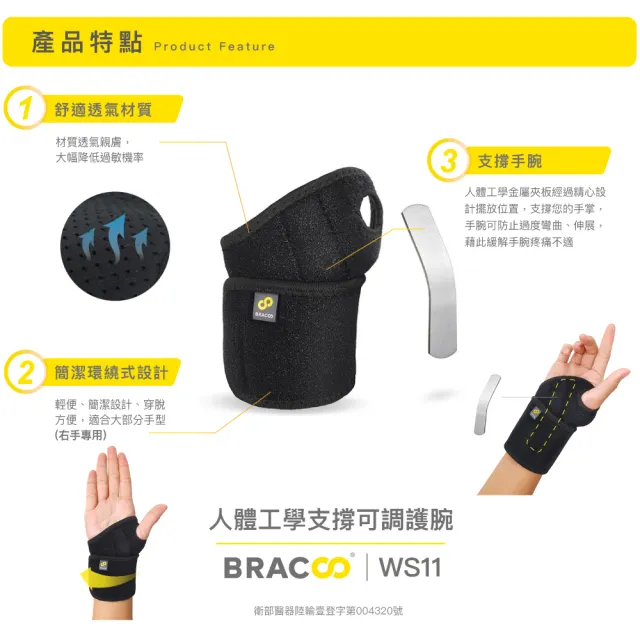 【美國Bracoo奔酷】人體工學支撐可調護腕14-22cm_手腕用(WS11/規格無為右手)