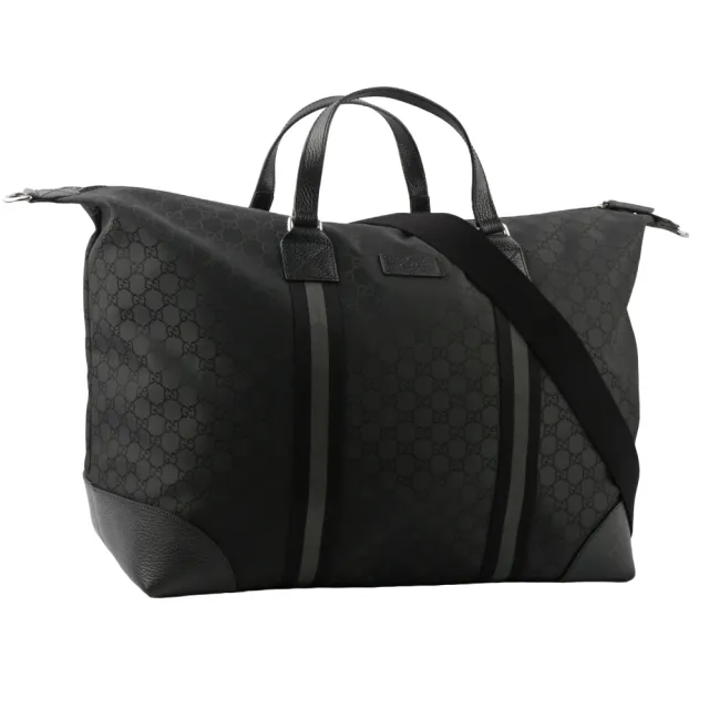 【GUCCI 古馳】GG Logo 帆布及皮革二用公事包/行李袋(黑灰色)