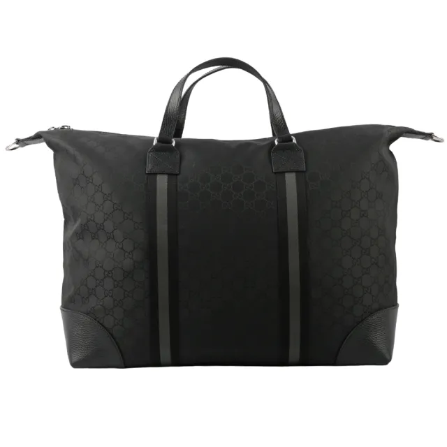 【GUCCI 古馳】GG Logo 帆布及皮革二用公事包/行李袋(黑灰色)