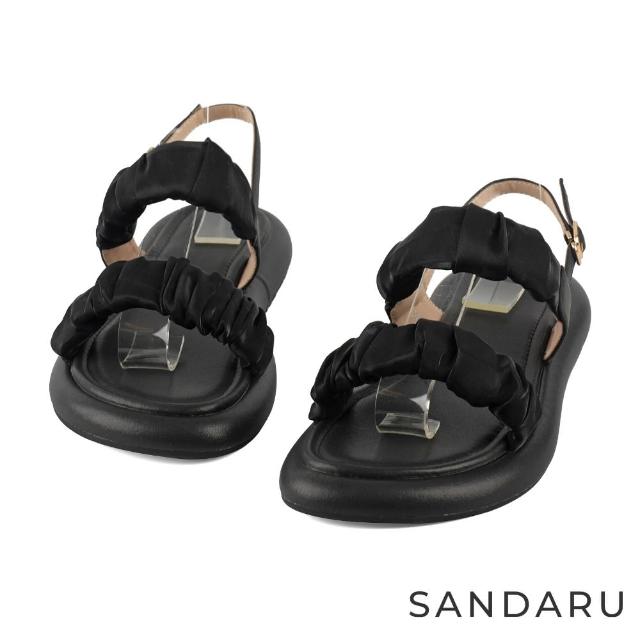 【SANDARU 山打努】涼鞋 雙帶雪紡抓皺軟Q腳墊平底涼鞋(黑)