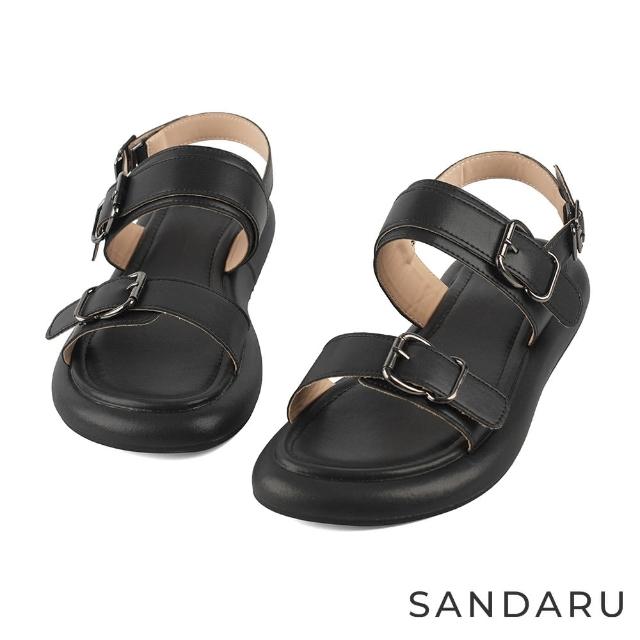 【SANDARU 山打努】涼鞋 質感雙釦百搭平底涼鞋(黑)