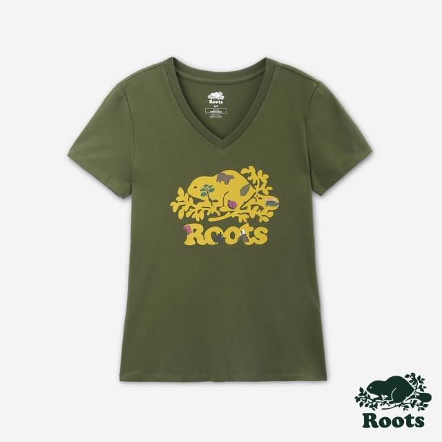 【Roots】Roots女裝- OUTSIDERS BEAVER SLIM V-NECK 短袖T恤(暗綠)