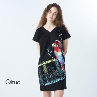 【Qiruo 奇若名品】專櫃黑色時尚V嶺小洋裝2068F 彩色鸚鵡圖騰(M-2XL)