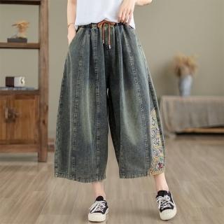 【巴黎精品】現貨+預購 牛仔褲丹寧長褲(民族刺繡寬管休閒女褲子a1fe6)