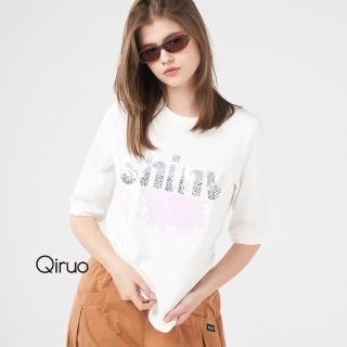 【Qiruo 奇若名品】春夏專櫃白色短袖上衣2085A水鑽英文字母款(M-2XL)