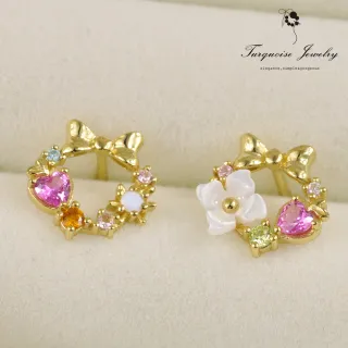 【Turquoise Jewelry】氣質森林系蝴蝶結花朵花環鋯石不對稱S925銀鍍金細緻耳環(tqsm0024)