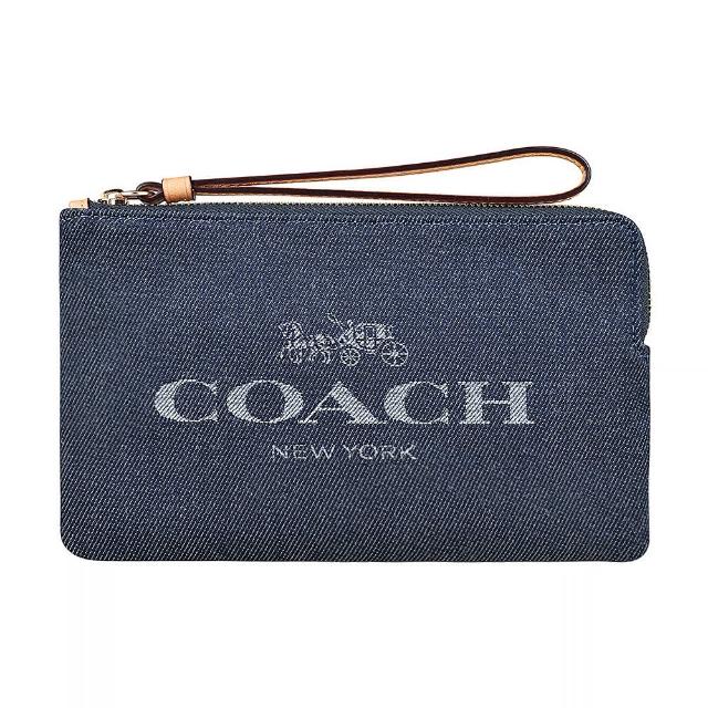 【COACH】COACH經典LOGO刺繡丹寧布拉鍊手拿包(大/丹寧藍)