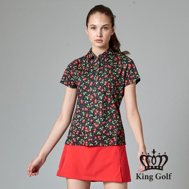 【KING GOLF】MOMO特談-女款香甜櫻桃印圖造型POLO衫(黑色)