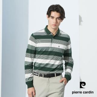 【pierre cardin 皮爾卡登】網路獨家 男款 棉質混紡網眼條紋薄長袖POLO衫-墨綠色(7225265-48)