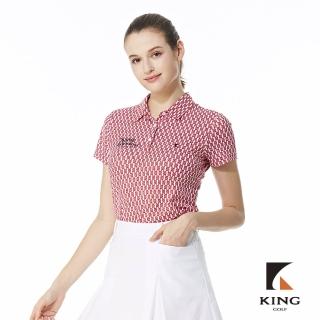 【KING GOLF】實體同步款-女款滿版幾何跳色LOGO印花立體燙鑽透氣涼感開襟短袖POLO衫/高爾夫球衫(紅色)