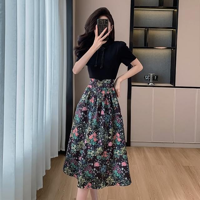 【巴黎精品】現貨+預購 長洋裝連身裙(短袖假兩件拼接印花女裙子2款v1bo44)