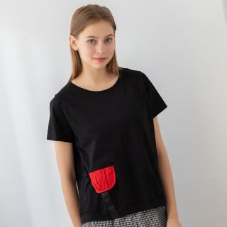 【Qiruo 奇若名品】專櫃黑色純棉短版上衣1106A 紅口袋造型設計(M-2XL)