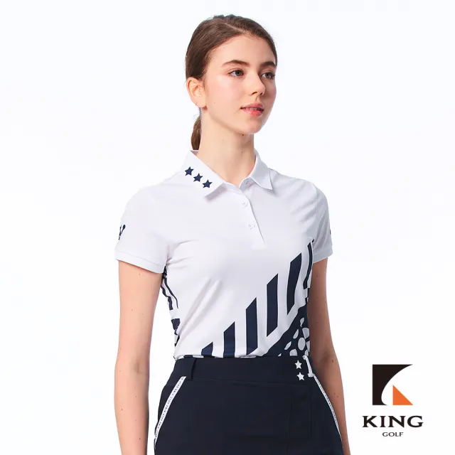 【KING GOLF】實體同步款-女款條紋點點印圖領口星星印花透氣涼感開襟短袖POLO衫/高爾夫球衫(深藍色)