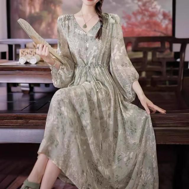 【巴黎精品】現貨+預購 洋裝連身長裙(長袖收腰印花綁帶女裙子a1gp20)
