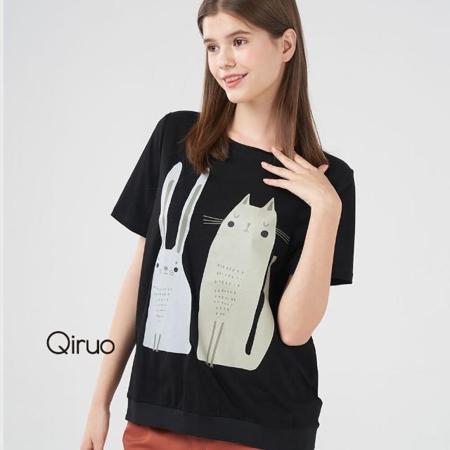 【Qiruo 奇若名品】春夏專櫃黑色短袖上衣2091A 精品貓咪圖案(M-2XL)