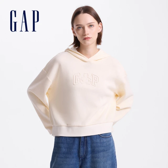 GAP 女裝 Logo刺繡刷毛圓領大學T 碳素軟磨系列-黑色