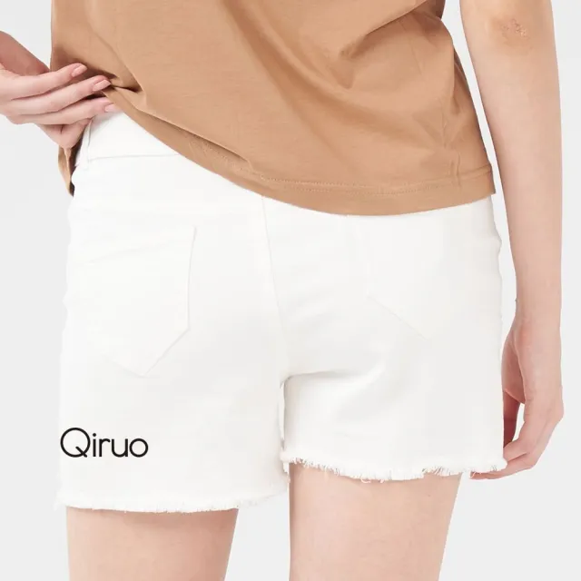 【Qiruo 奇若名品】褲腳蕾絲點綴 超短彈性牛仔拉鬚白色牛仔短褲2078C