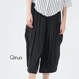 【Qiruo 奇若名品】專櫃黑色休閒褲1216C 鬆緊帶七分褲(M-XL)