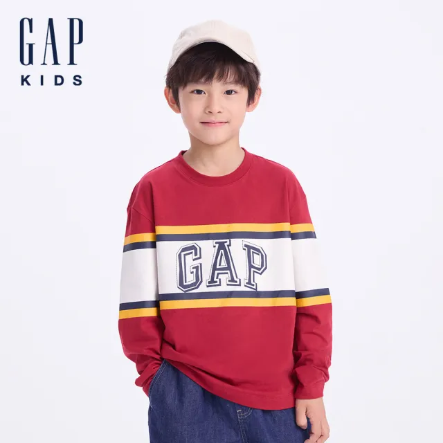 【GAP】男童裝 Logo純棉印花圓領長袖T恤-紅白拼接(634883)