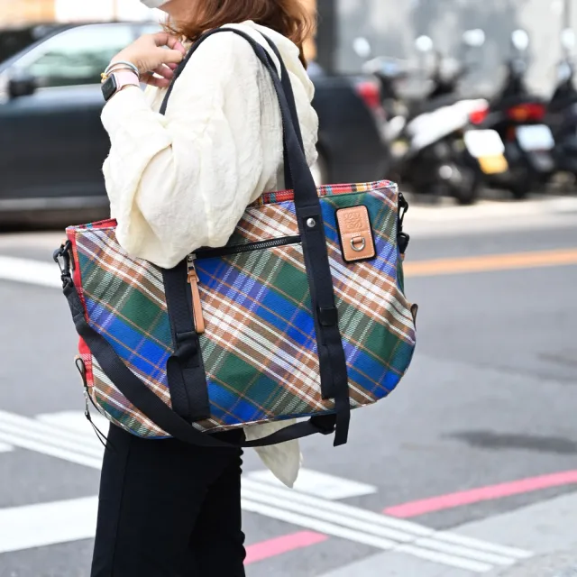 【LOEWE 羅威】品牌徽章LOGO雙面雙色格紋肩斜兩用托特包購物包