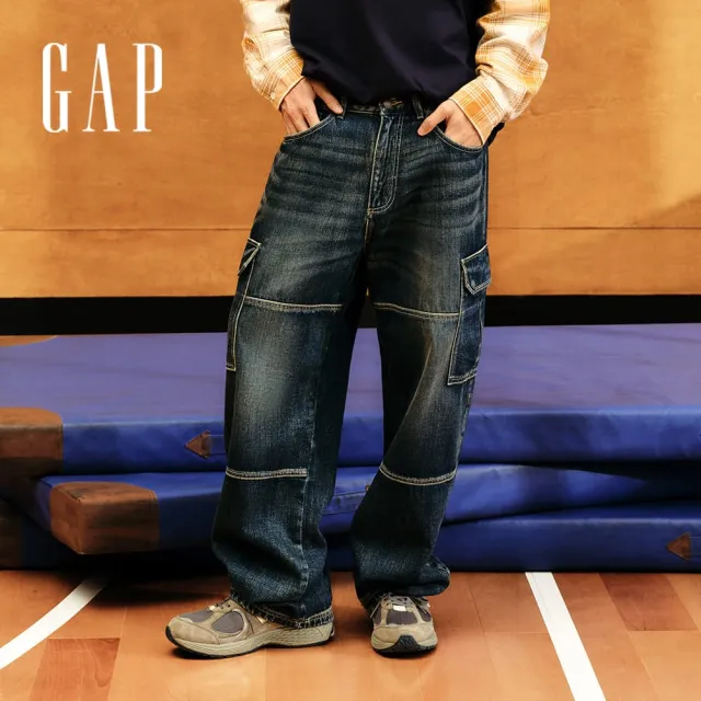 【GAP】男裝 純棉工裝寬鬆牛仔褲-中度水洗(641200)