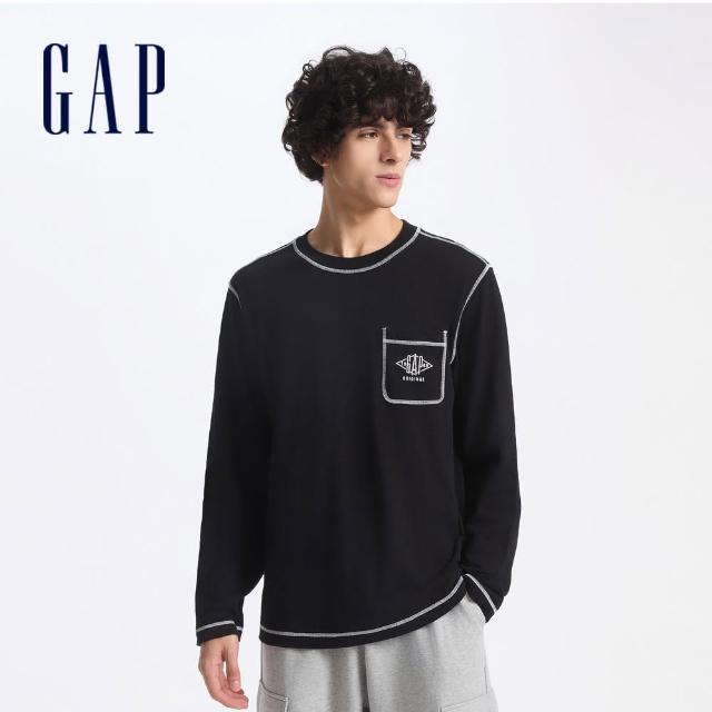 【GAP】男裝 Logo純棉刺繡圓領長袖T恤-黑色(636871)