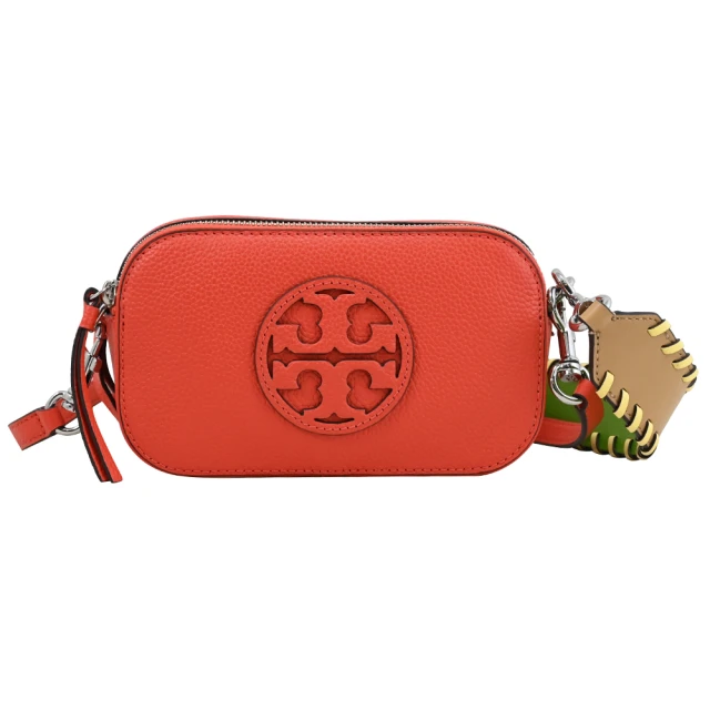 TORY BURCHTORY BURCH 經典雙T LOGO荔枝皮革雙背帶雙層相機包斜背包(橘紅)