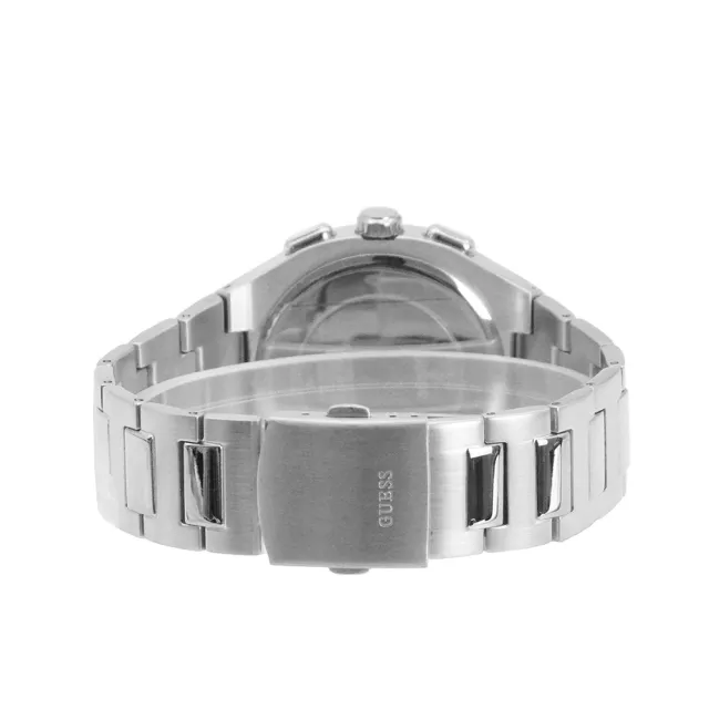 【GUESS】銀框 藍面 三眼日期顯示 圓角方型 不鏽鋼錶帶 男錶 手錶 情人節(GW0572G1)