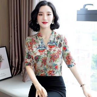 【Very Buy 非常勸敗】預購/仿真絲上衣女桑蠶絲氣質內搭上衣印花歐風內搭上衣短袖短袖歐美花襯衫