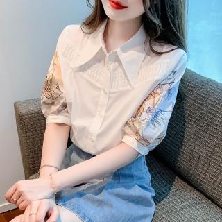 【Very Buy 非常勸敗】預購/尖領短袖印花襯衫女夏季別緻內搭上衣顯瘦設計感上衣