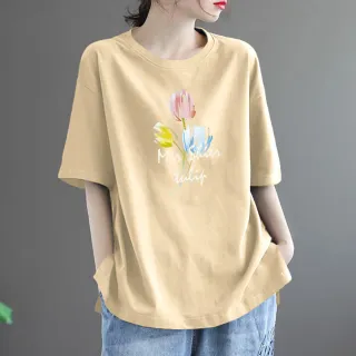【Pure 衣櫃】簡約素色三朵花印花圓領寬鬆短袖T恤上衣女上衣(KDTY-184)