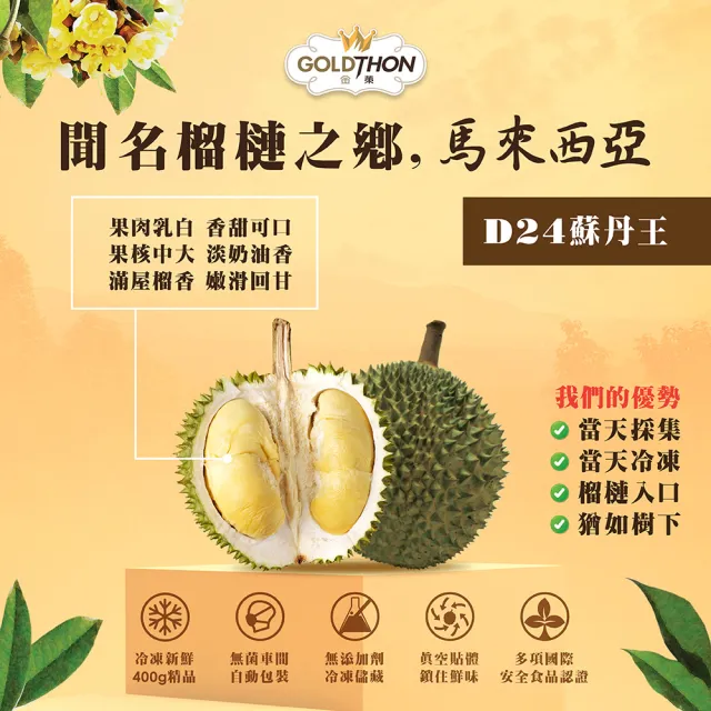 【Gold Thon】馬來西亞老樹蘇丹王榴槤果肉400克*2盒(真空貼體盒裝  清真認證)