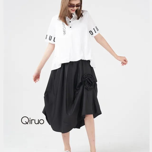 【Qiruo 奇若名品】抓皺花朵 側邊不規則抓花黑色造型裙8233B