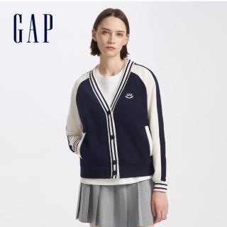 【GAP】女裝 Logo刺繡V領外套 碳素軟磨法式圈織系列-海軍藍(637689)