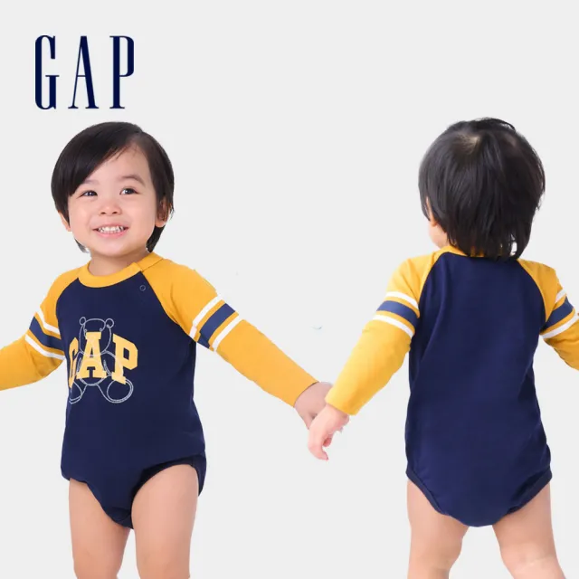 【GAP】嬰兒裝 Logo純棉印花小熊圓領長袖包屁衣-多款任選(644691&643216)