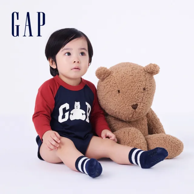 【GAP】嬰兒裝 Logo純棉小熊印花圓領長袖包屁衣 熊抱Logo系列-藍灰拼接(642922)