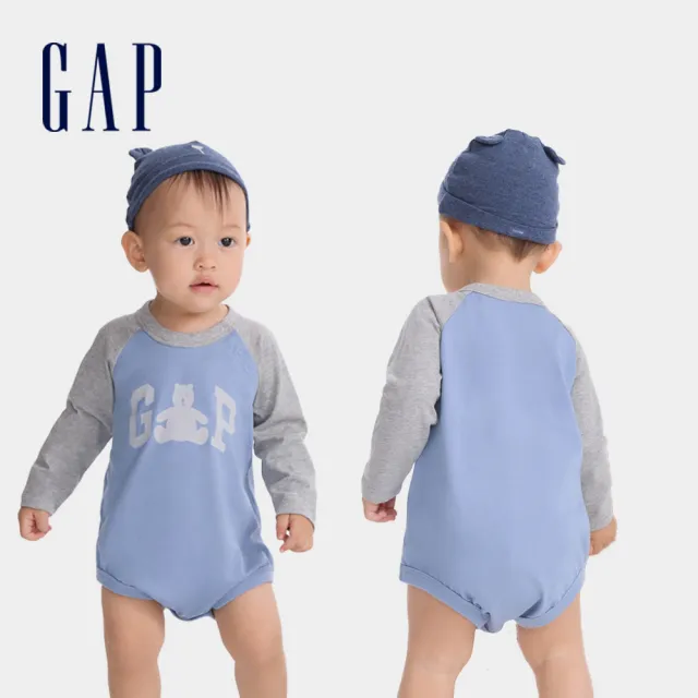 【GAP】嬰兒裝 Logo純棉小熊印花圓領長袖包屁衣 熊抱Logo系列-藍灰拼接(642922)